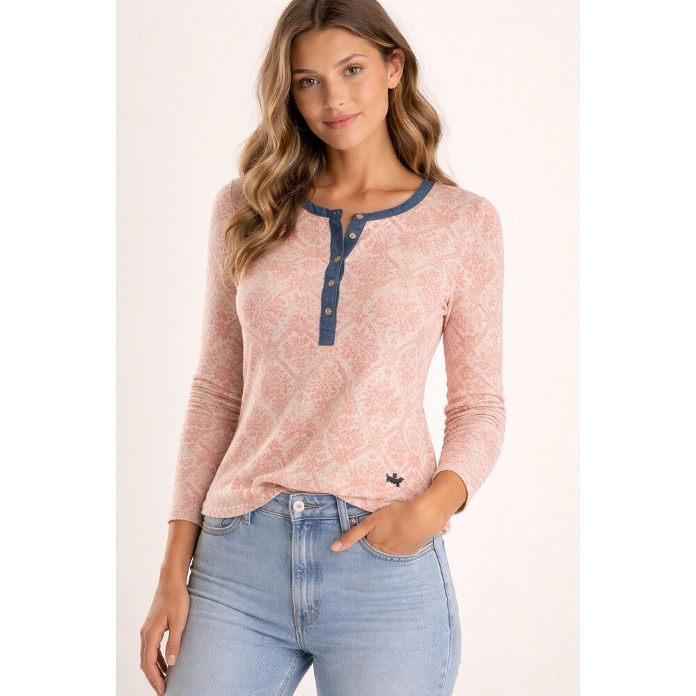 Tommy Hilfiger Knit Top Womens Small Red Print Henley Long Sleeve